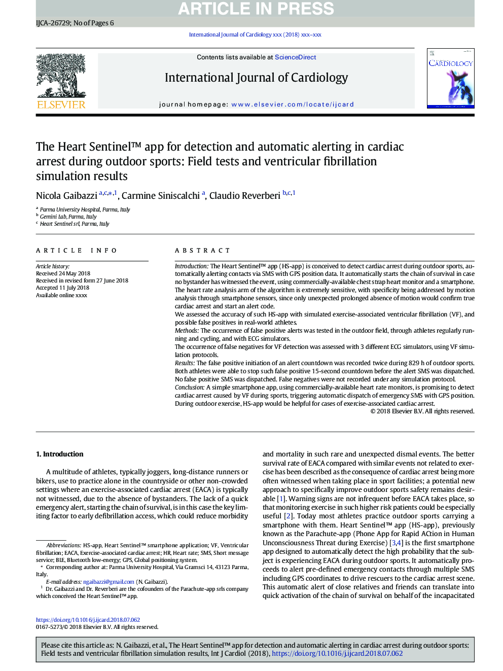 The Heart Sentinelâ¢ app for detection and automatic alerting in cardiac arrest during outdoor sports: Field tests and ventricular fibrillation simulation results