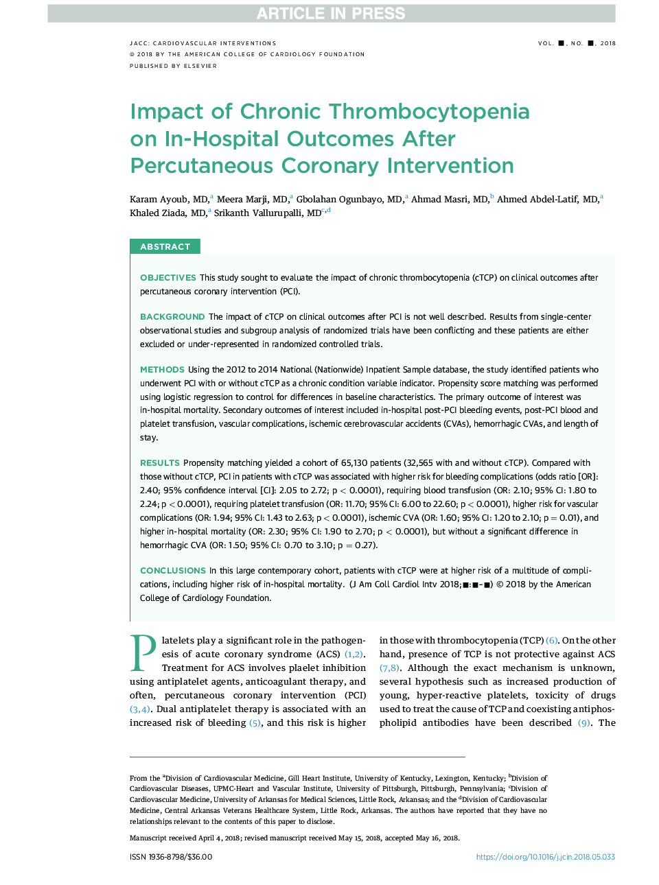 Impact of Chronic Thrombocytopenia onÂ In-Hospital Outcomes After Percutaneous CoronaryÂ Intervention