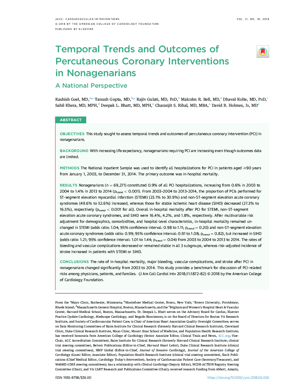 Temporal Trends and Outcomes of Percutaneous Coronary Interventions inÂ Nonagenarians