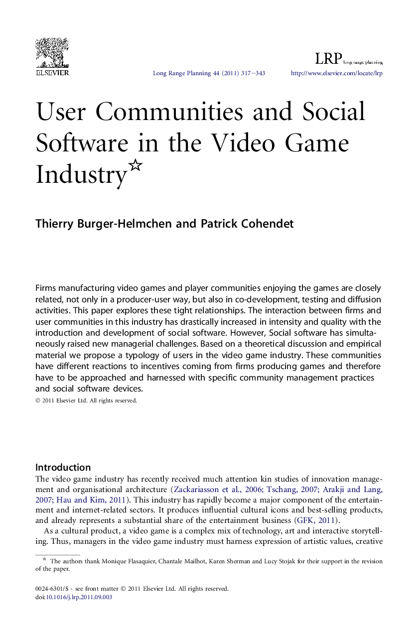 User Communities and Social Software in the Video Game Industry 