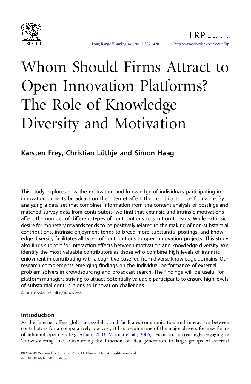 Whom Should Firms Attract to Open Innovation Platforms? The Role of Knowledge Diversity and Motivation