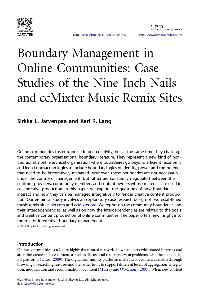 Boundary Management in Online Communities: Case Studies of the Nine Inch Nails and ccMixter Music Remix Sites