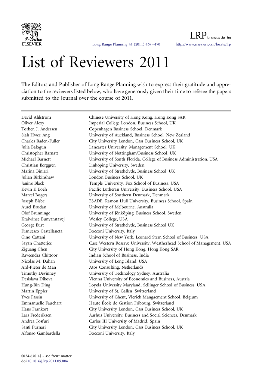 List of Reviewers 2011