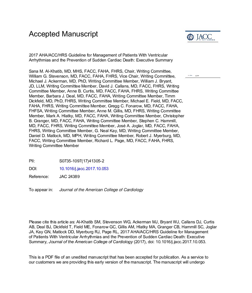 2017 AHA/ACC/HRS Guideline for Management of Patients With Ventricular Arrhythmias and the Prevention of Sudden Cardiac Death: Executive Summary