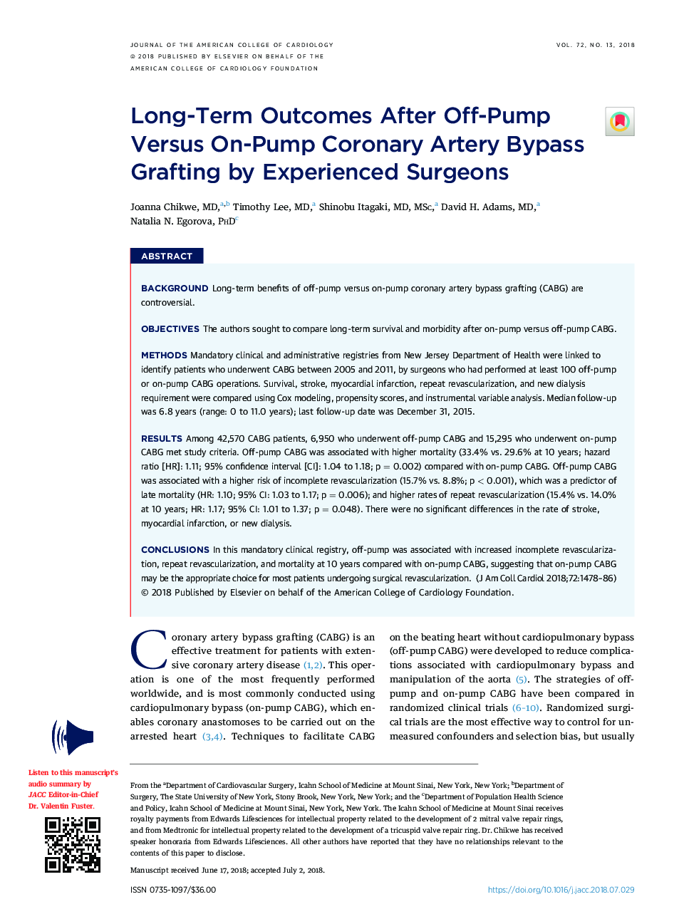 Long-Term Outcomes After Off-Pump Versus On-Pump Coronary Artery Bypass Grafting by Experienced Surgeons