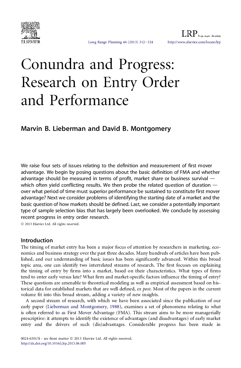Conundra and Progress: Research on Entry Order and Performance