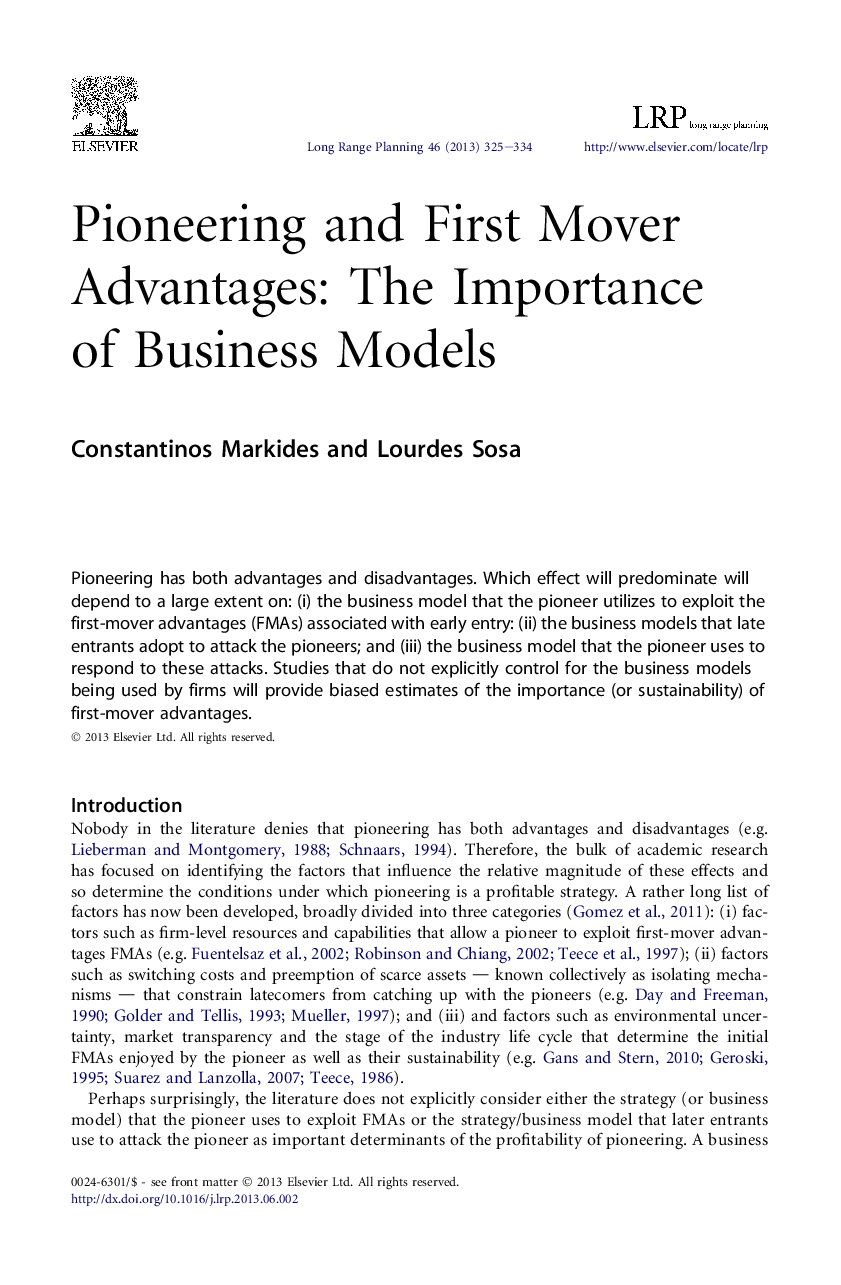 Pioneering and First Mover Advantages: The Importance of Business Models