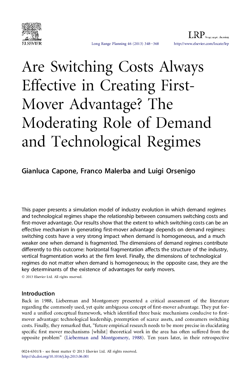 Are Switching Costs Always Effective in Creating First-Mover Advantage? The Moderating Role of Demand and Technological Regimes