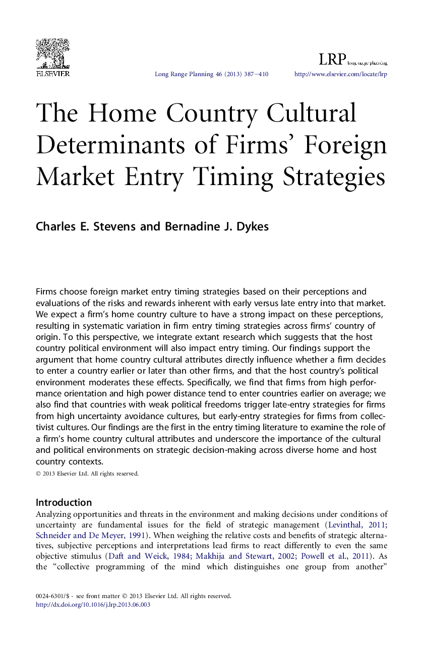 The Home Country Cultural Determinants of Firms' Foreign Market Entry Timing Strategies