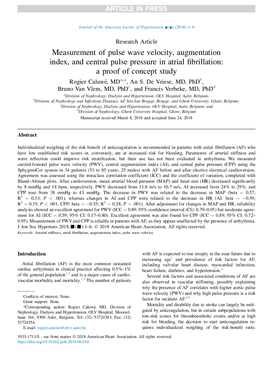 Measurement of pulse wave velocity, augmentation index, and central pulse pressure in atrial fibrillation: a proof of concept study