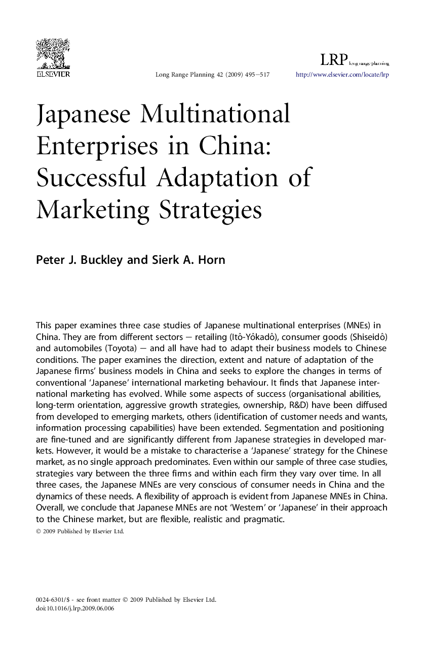 Japanese Multinational Enterprises in China: Successful Adaptation of Marketing Strategies