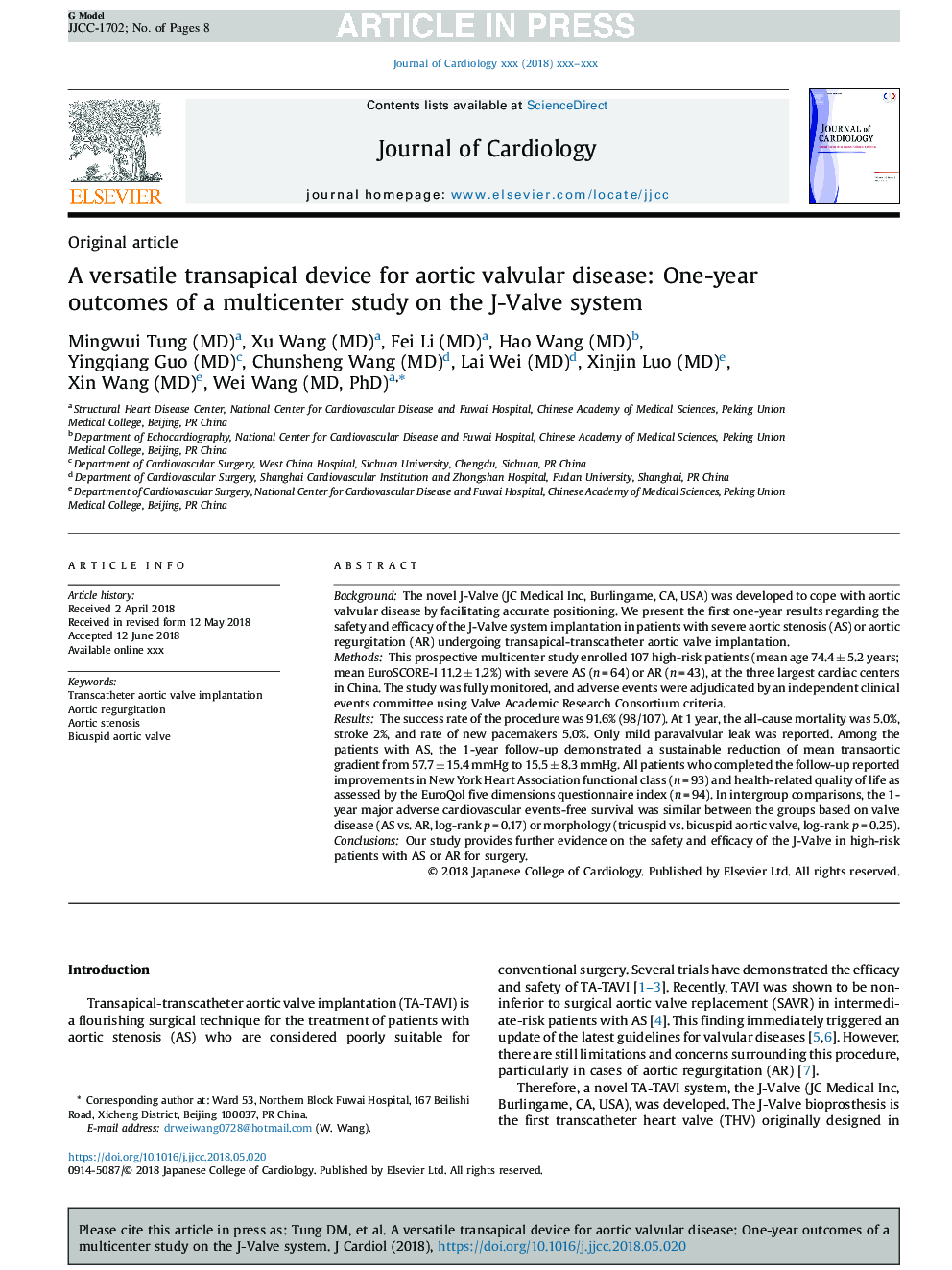 A versatile transapical device for aortic valvular disease: One-year outcomes of a multicenter study on the J-Valve system