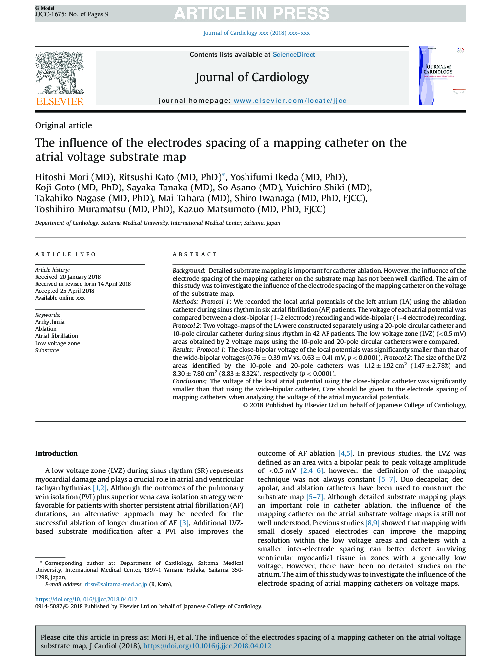 The influence of the electrodes spacing of a mapping catheter on the atrial voltage substrate map