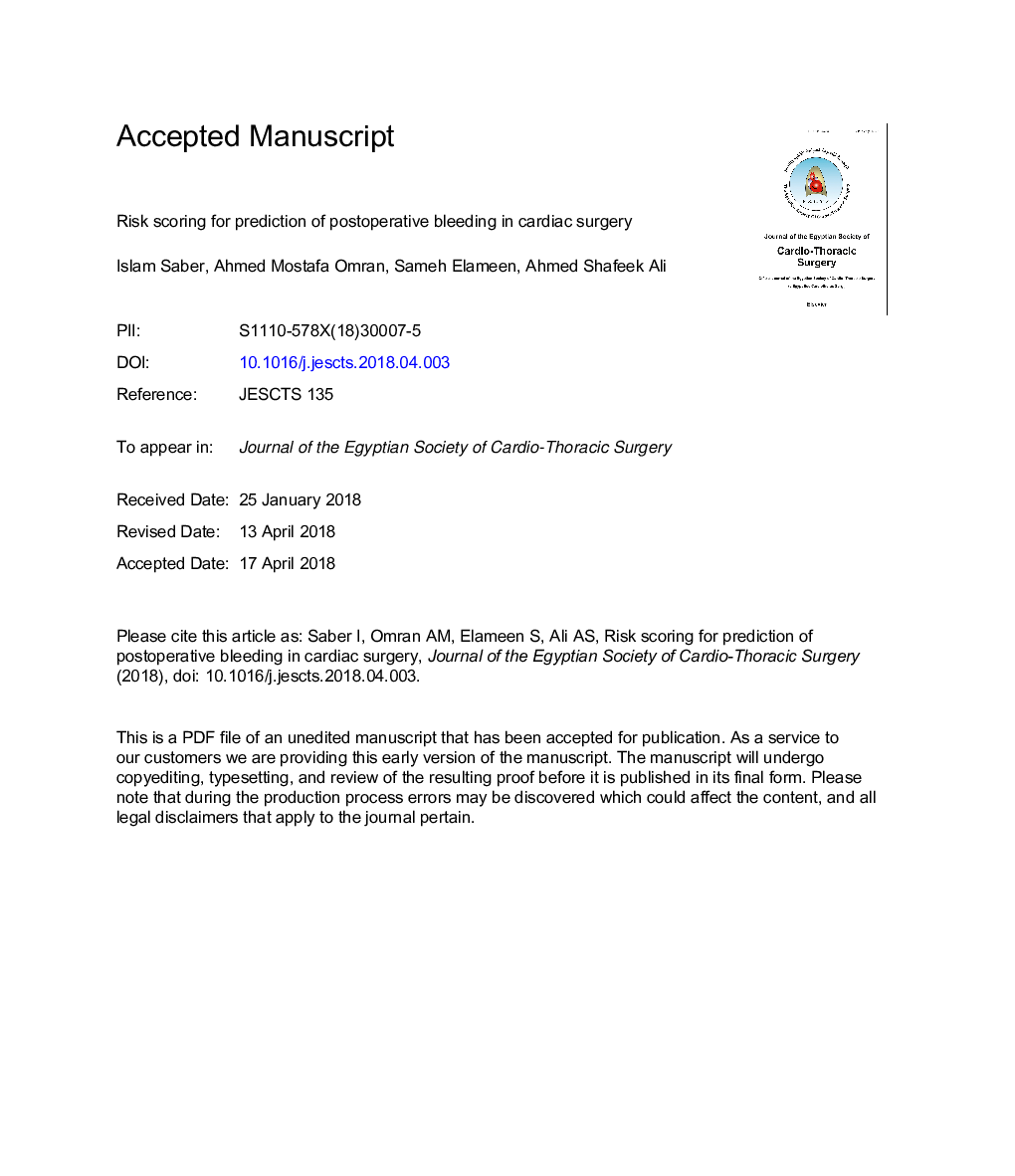 Risk scoring for prediction of postoperative bleeding in cardiac surgery