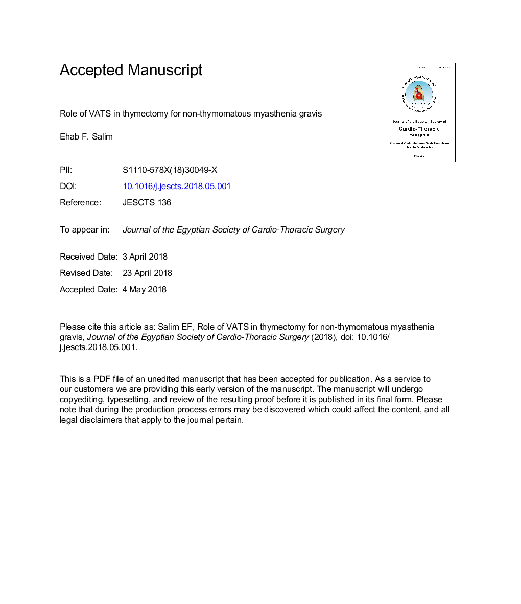 Role of VATS in thymectomy for non-thymomatous myasthenia gravis