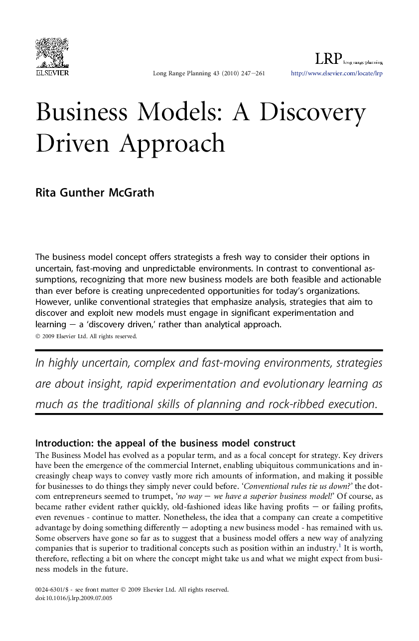 Business Models: A Discovery Driven Approach