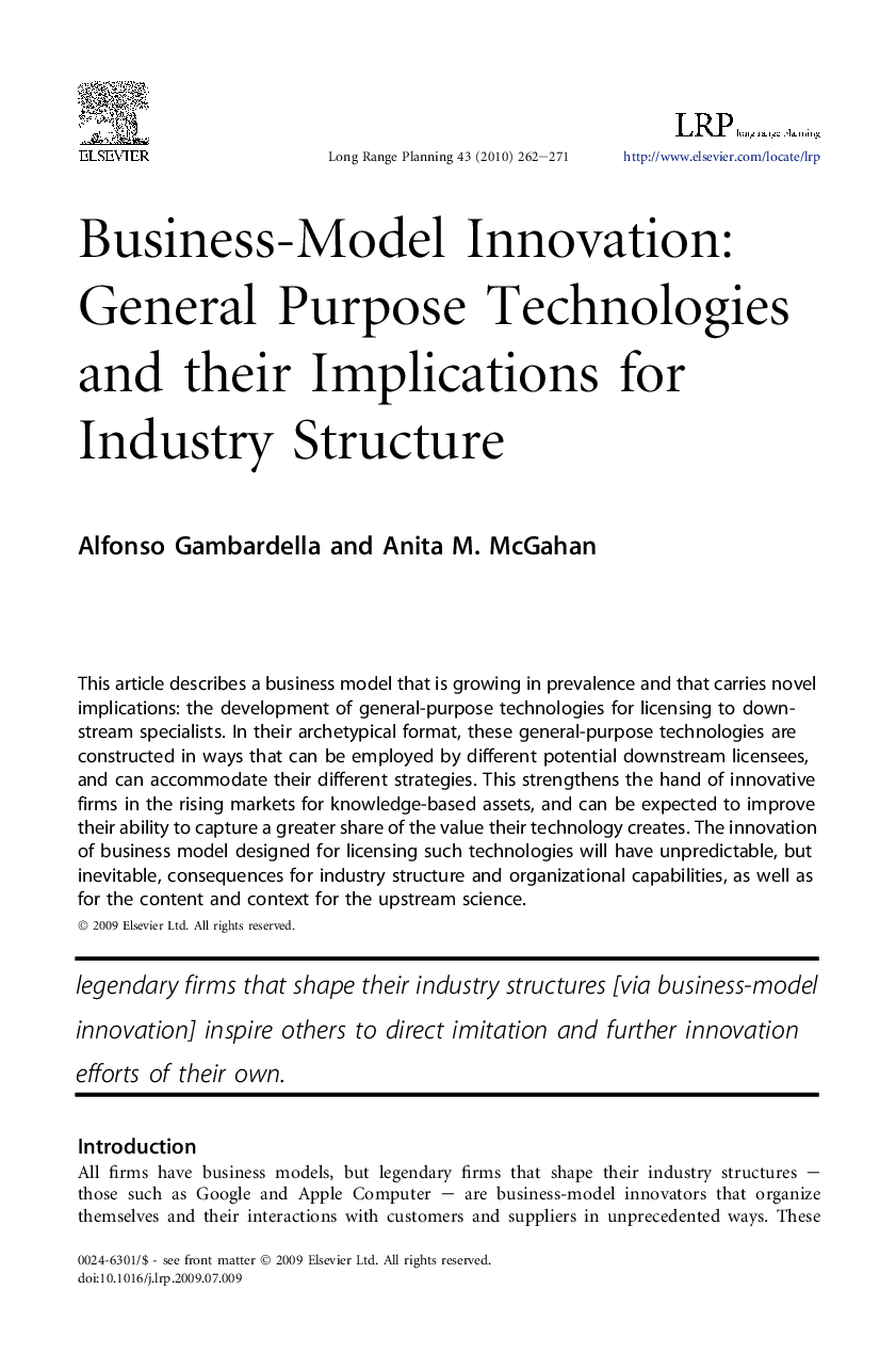 Business-Model Innovation: General Purpose Technologies and their Implications for Industry Structure