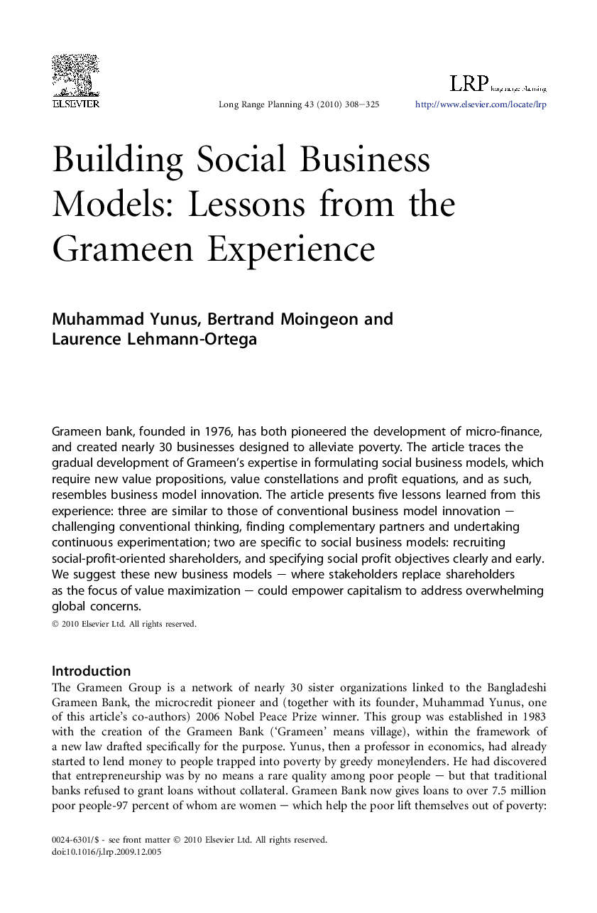 Building Social Business Models: Lessons from the Grameen Experience
