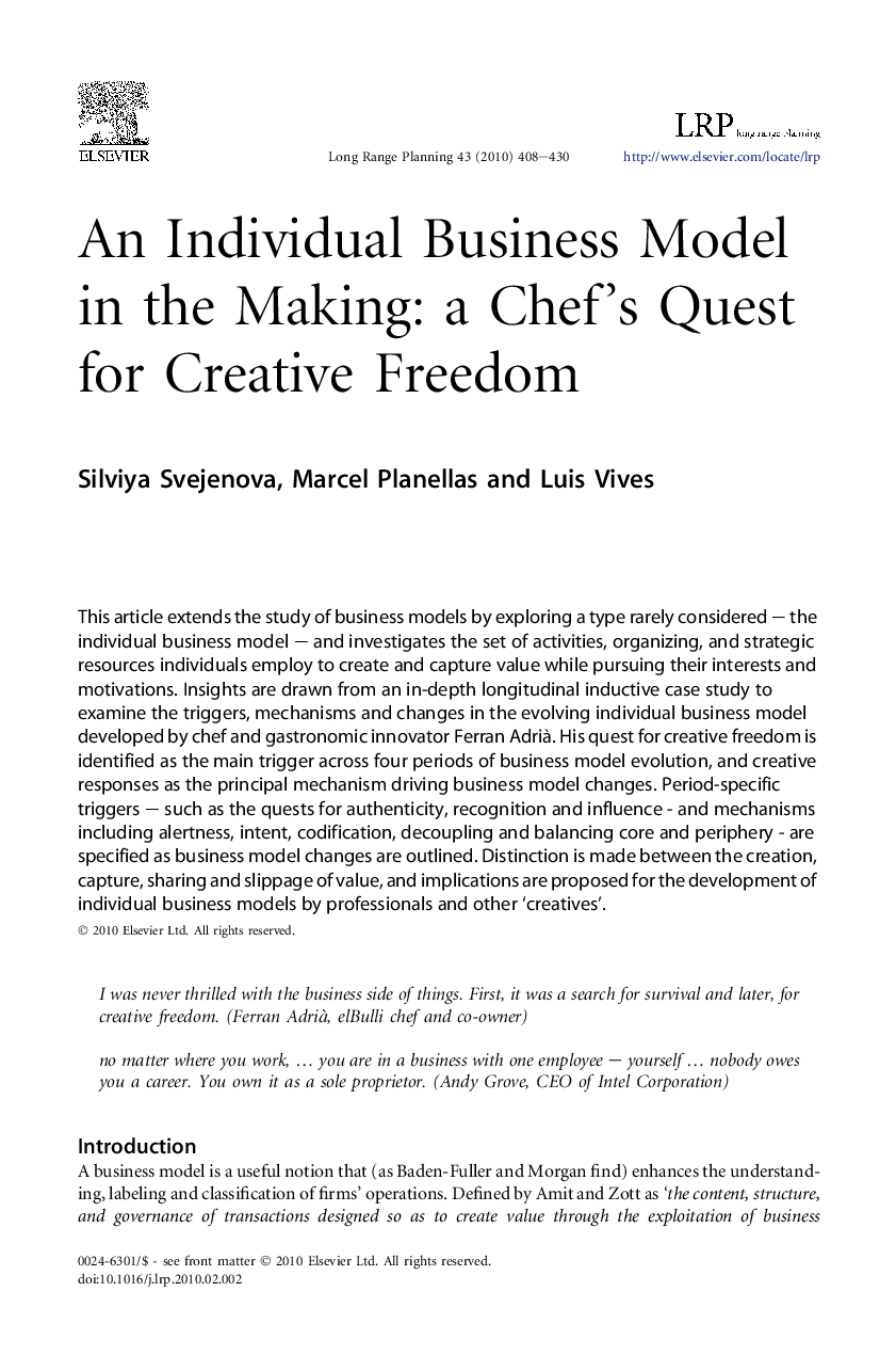 An Individual Business Model in the Making: a Chef’s Quest for Creative Freedom