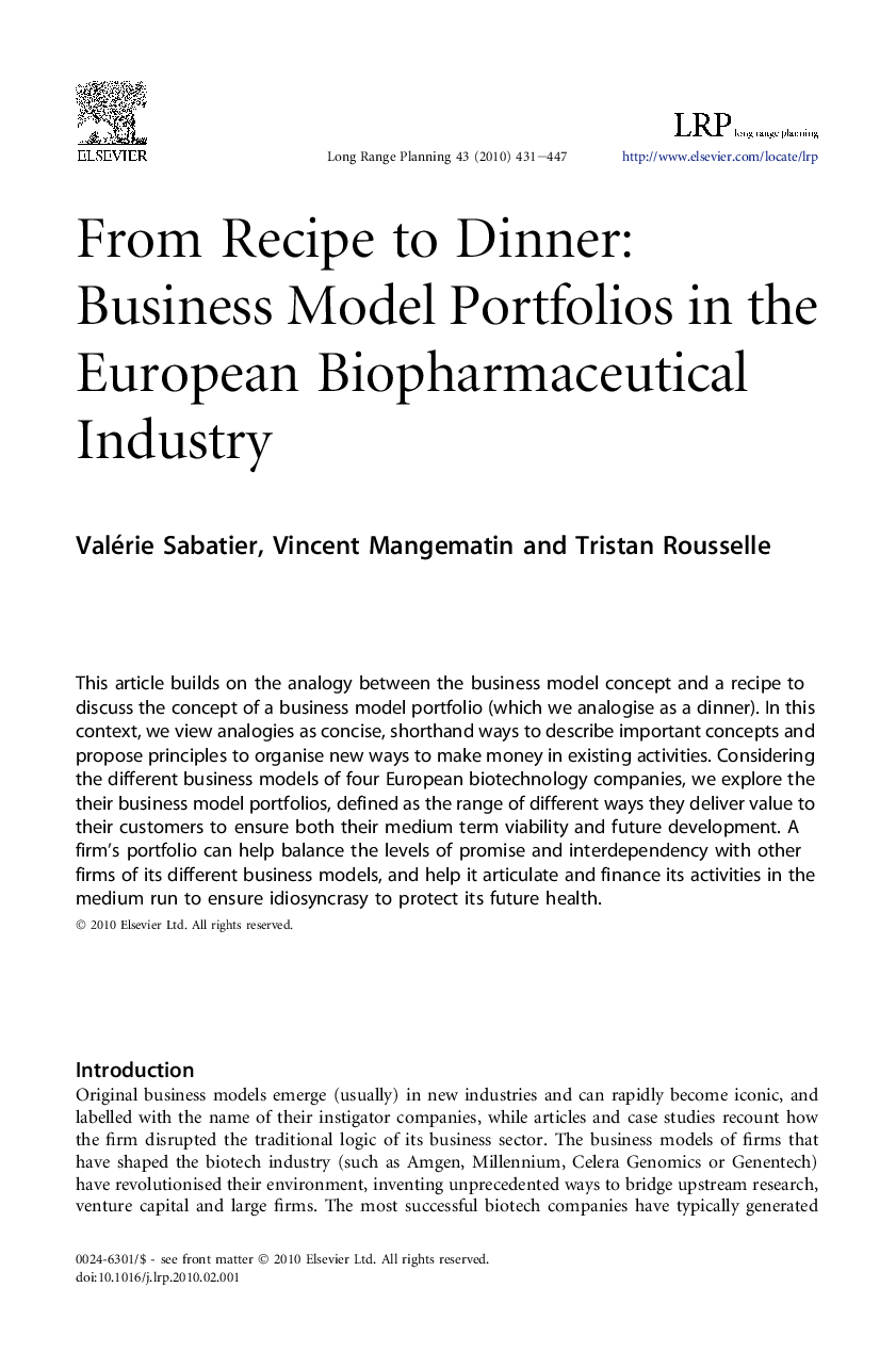 From Recipe to Dinner: Business Model Portfolios in the European Biopharmaceutical Industry