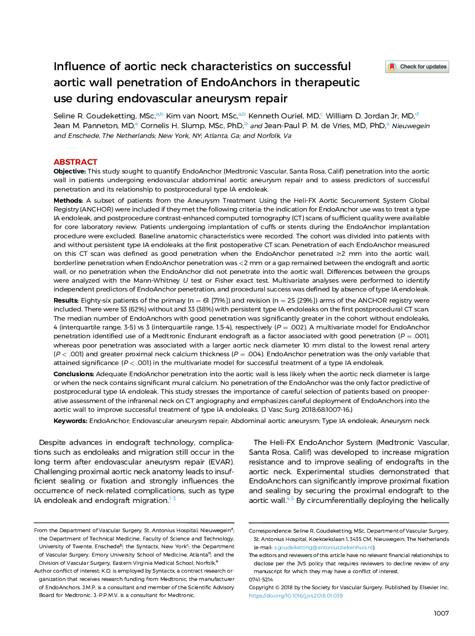 Influence of aortic neck characteristics on successful aortic wall penetration of EndoAnchors in therapeutic use during endovascular aneurysm repair