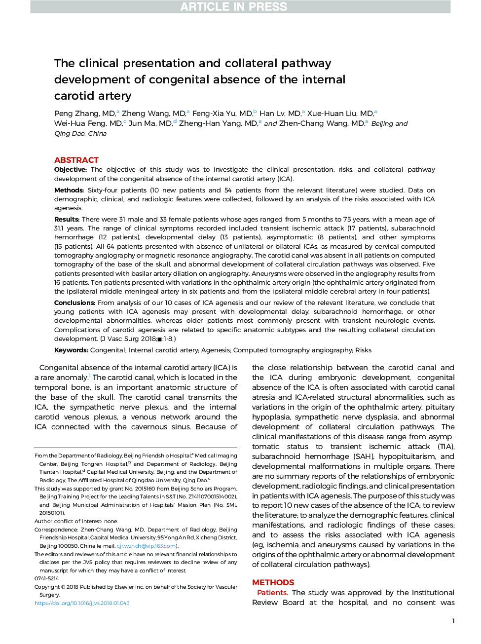 The clinical presentation and collateral pathway development of congenital absence of the internal carotid artery