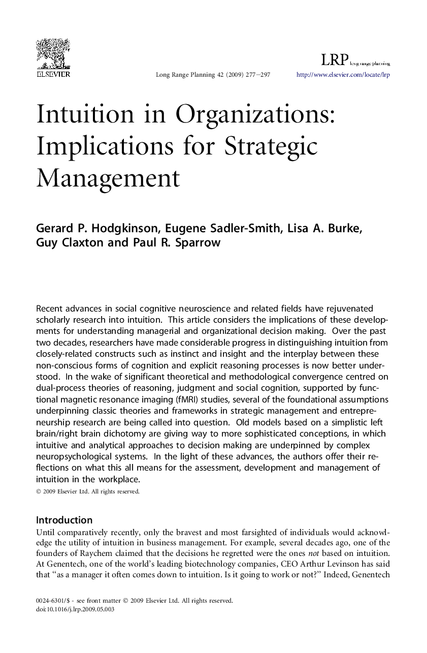 Intuition in Organizations: Implications for Strategic Management