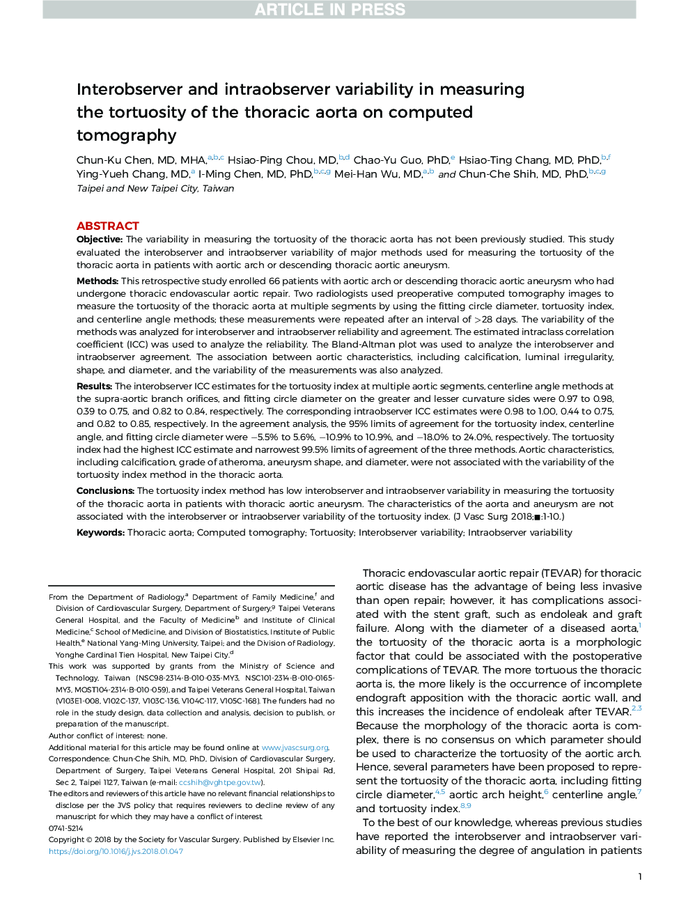 Interobserver and intraobserver variability in measuring the tortuosity of the thoracic aorta on computed tomography