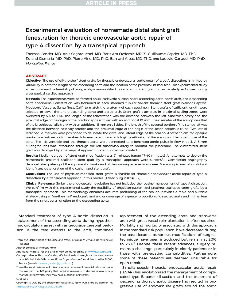 Experimental evaluation of homemade distal stent graft fenestration for thoracic endovascular aortic repair of type A dissection by a transapical approach