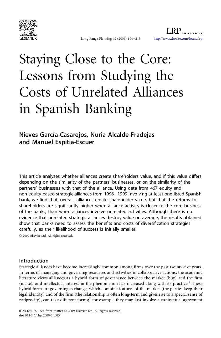 Staying Close to the Core: Lessons from Studying the Costs of Unrelated Alliances in Spanish Banking