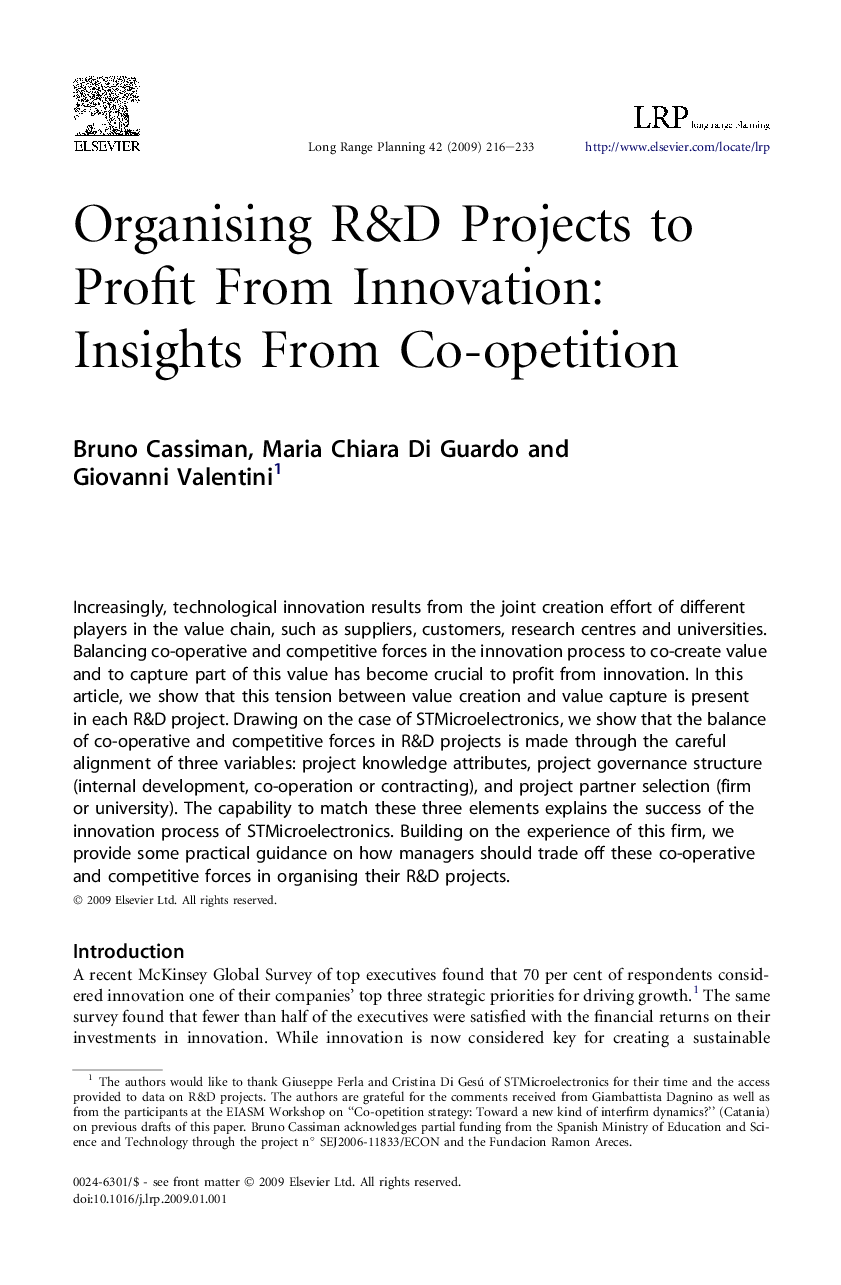 Organising R&D Projects to Profit From Innovation: Insights From Co-opetition