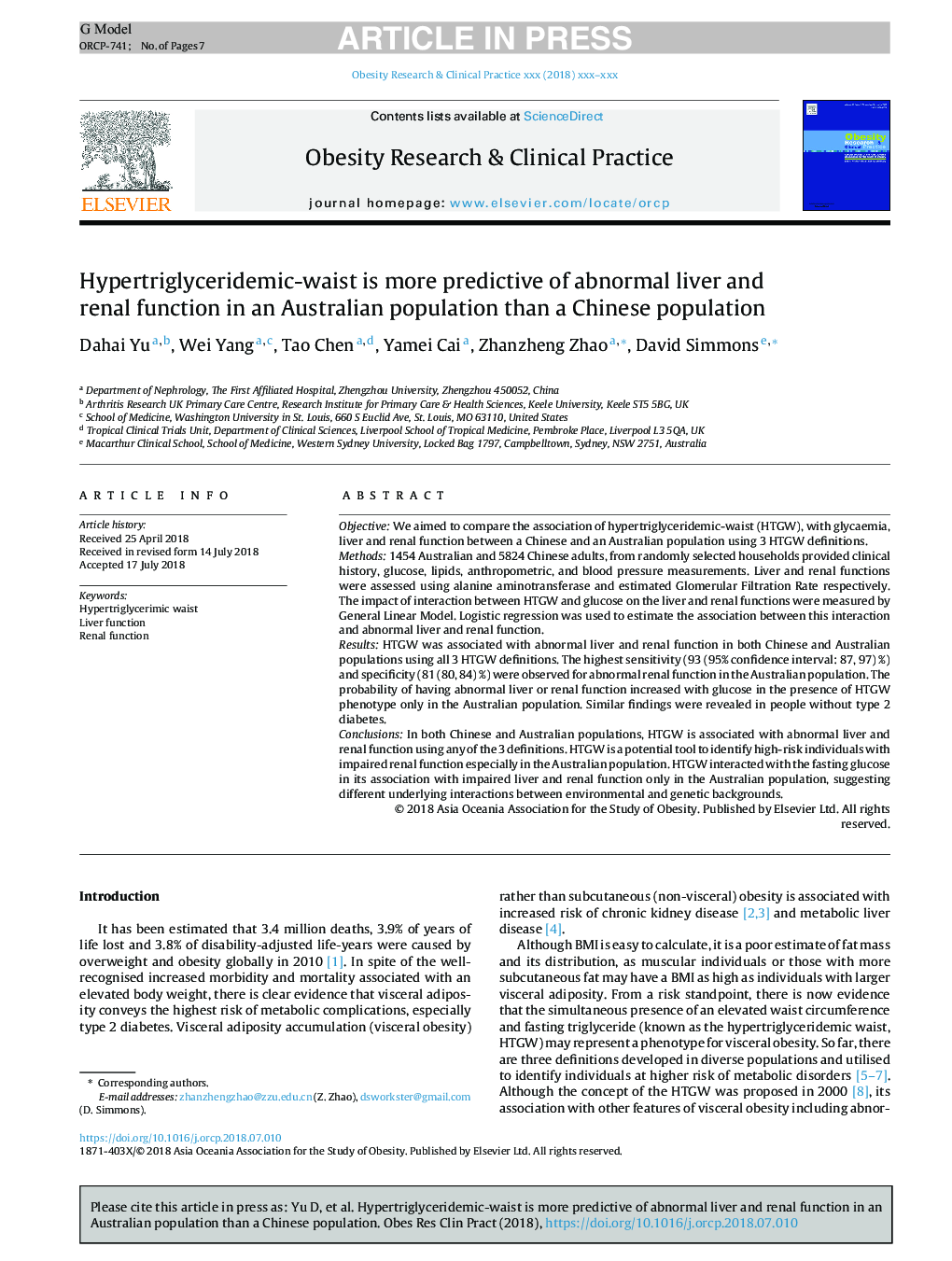 Hypertriglyceridemic-waist is more predictive of abnormal liver and renal function in an Australian population than a Chinese population