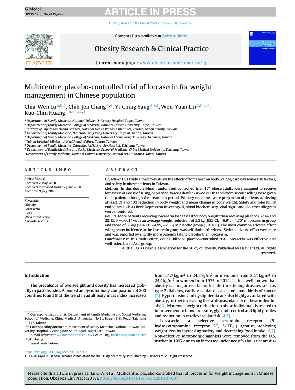 Multicentre, placebo-controlled trial of lorcaserin for weight management in Chinese population