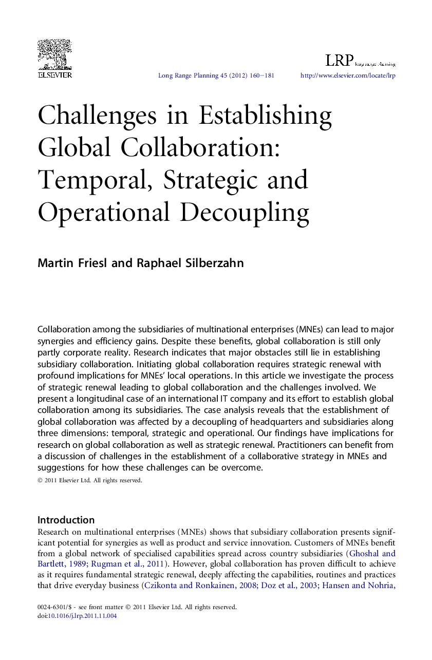 Challenges in Establishing Global Collaboration: Temporal, Strategic and Operational Decoupling