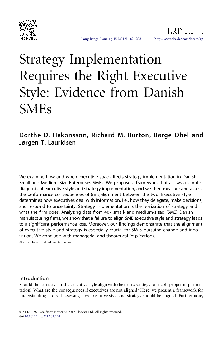 Strategy Implementation Requires the Right Executive Style: Evidence from Danish SMEs