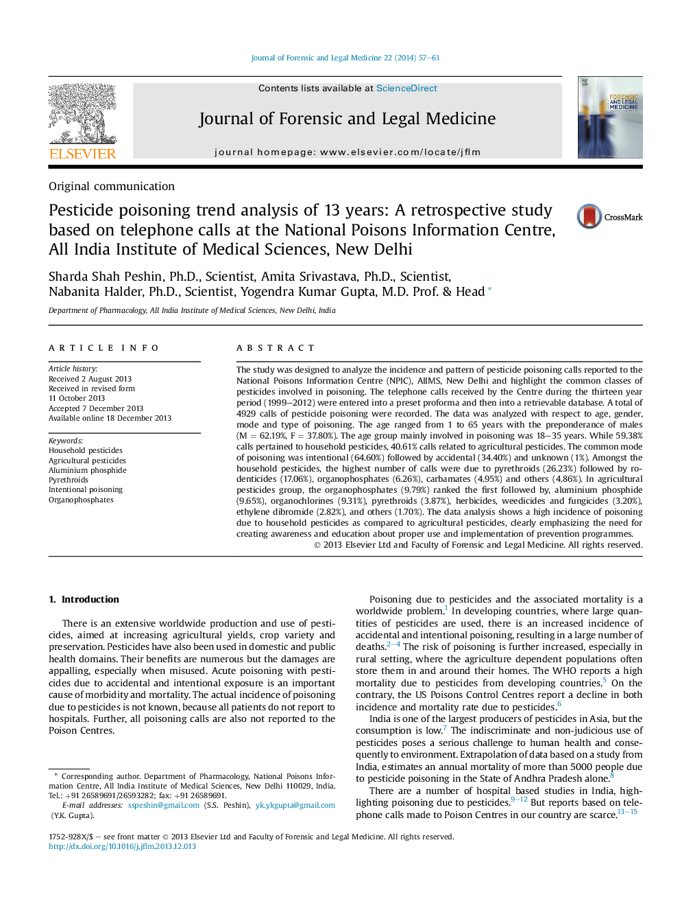 Pesticide poisoning trend analysis of 13 years: A retrospective study based on telephone calls at the National Poisons Information Centre, All India Institute of Medical Sciences, New Delhi