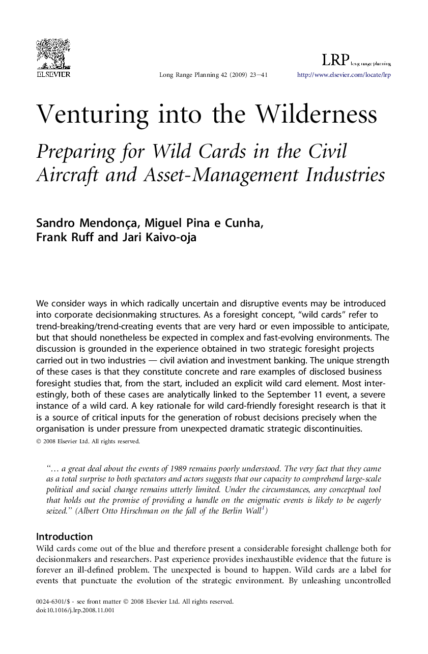 Venturing into the Wilderness: Preparing for Wild Cards in the Civil Aircraft and Asset-Management Industries