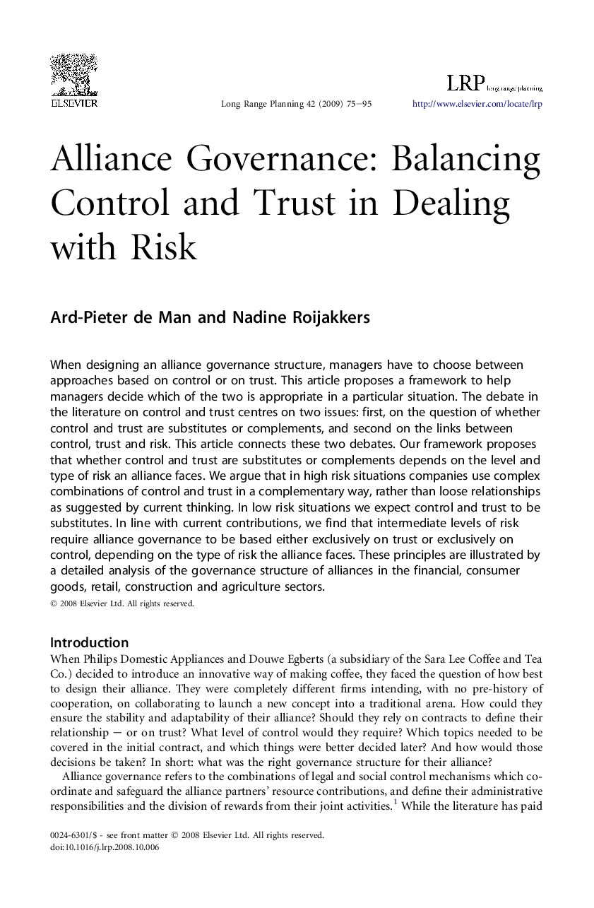 Alliance Governance: Balancing Control and Trust in Dealing with Risk