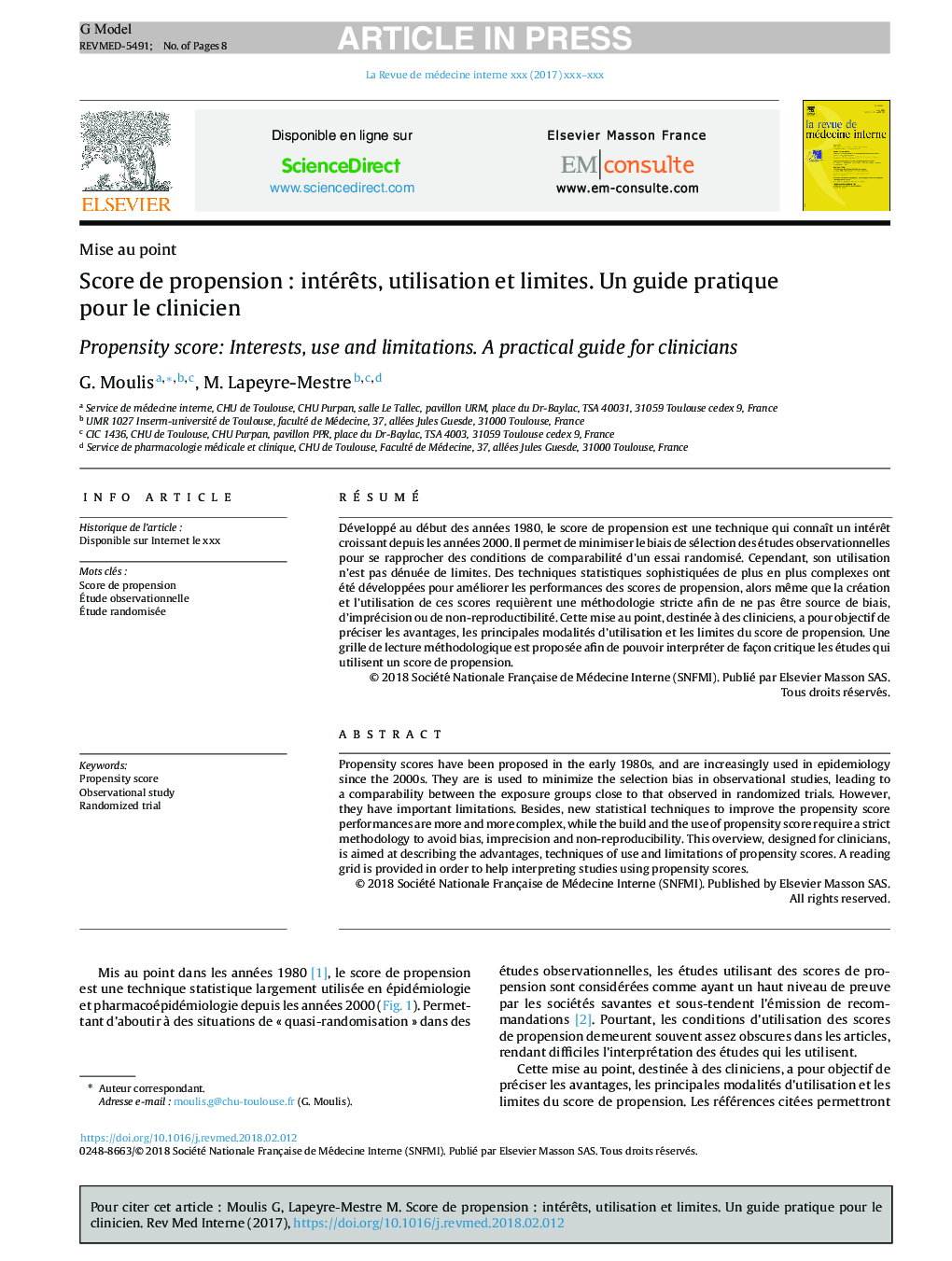 Score de propensionÂ : intérÃªts, utilisation et limites. Un guide pratique pour le clinicien