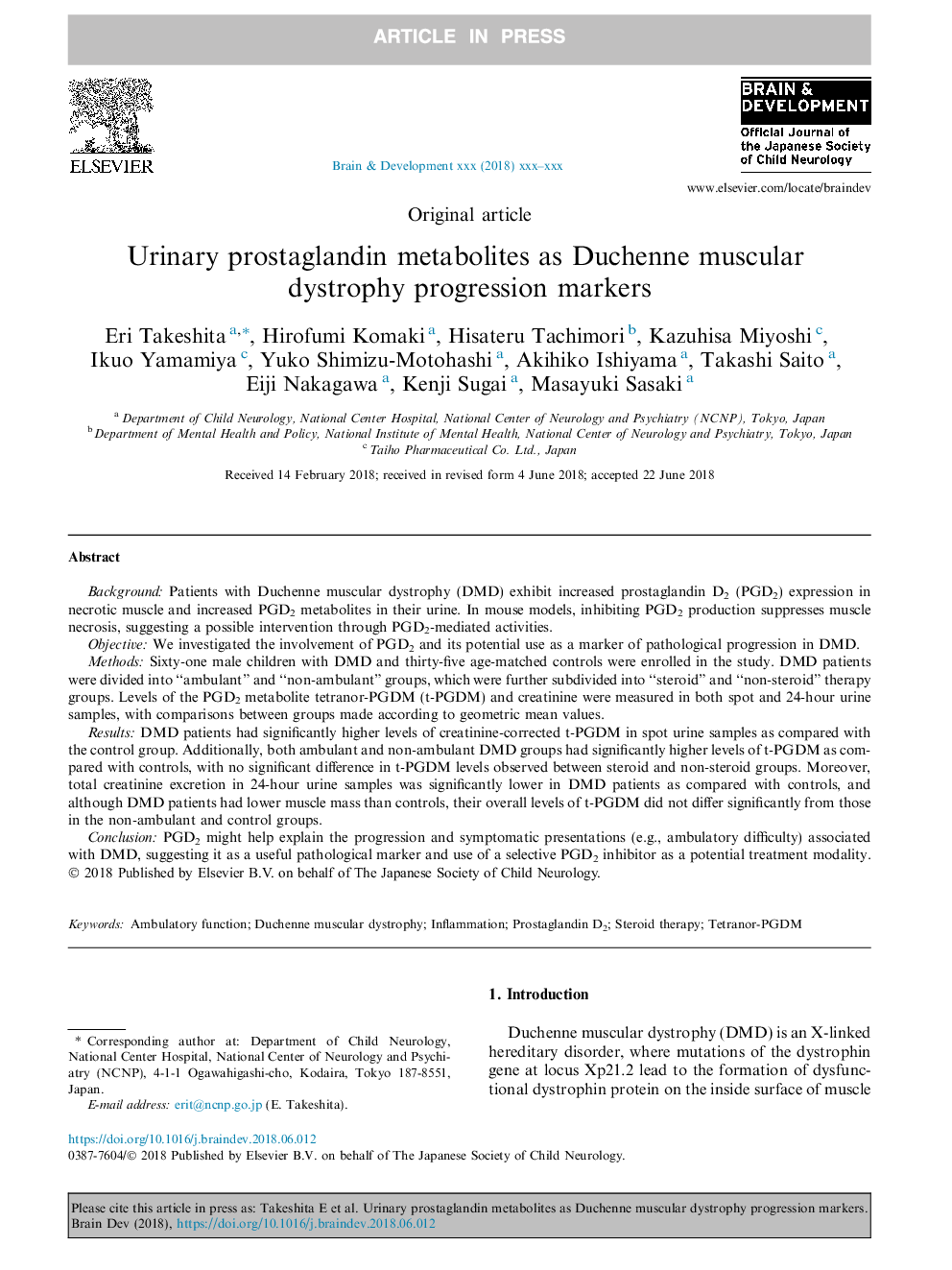 Urinary prostaglandin metabolites as Duchenne muscular dystrophy progression markers