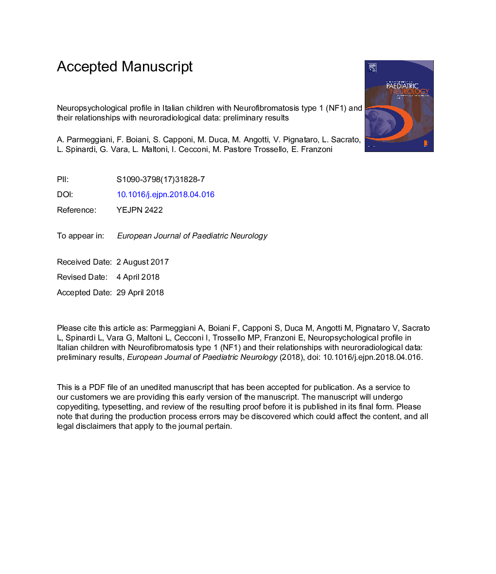 Neuropsychological profile in Italian children with neurofibromatosis type 1 (NF1) and their relationships with neuroradiological data: Preliminary results