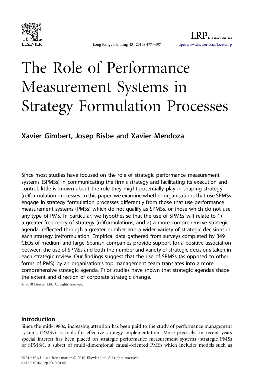 The Role of Performance Measurement Systems in Strategy Formulation Processes