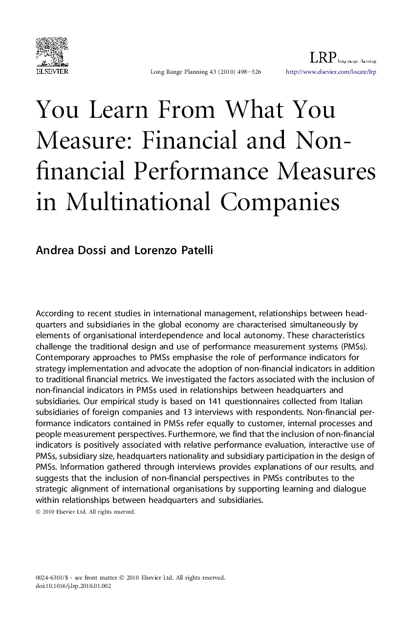 You Learn From What You Measure: Financial and Non-financial Performance Measures in Multinational Companies