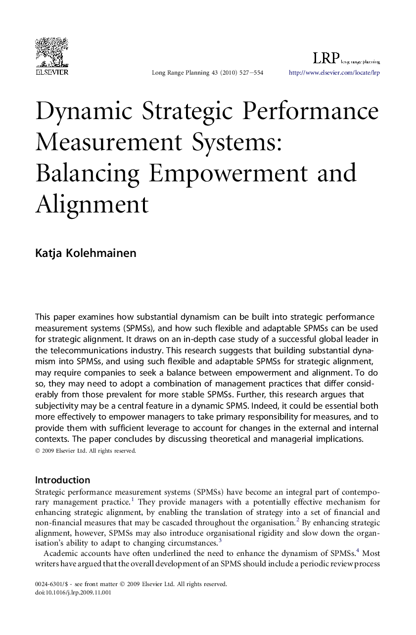 Dynamic Strategic Performance Measurement Systems: Balancing Empowerment and Alignment