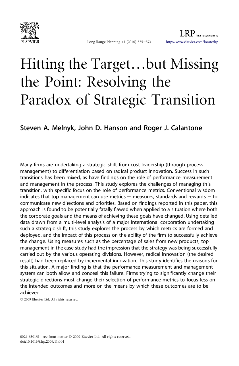 Hitting the Target…but Missing the Point: Resolving the Paradox of Strategic Transition