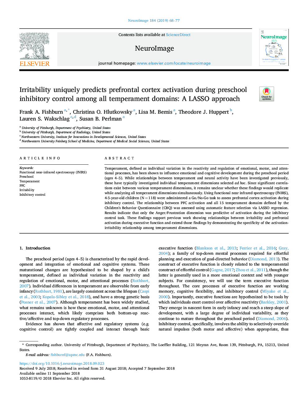 Irritability uniquely predicts prefrontal cortex activation during preschool inhibitory control among all temperament domains: A LASSO approach