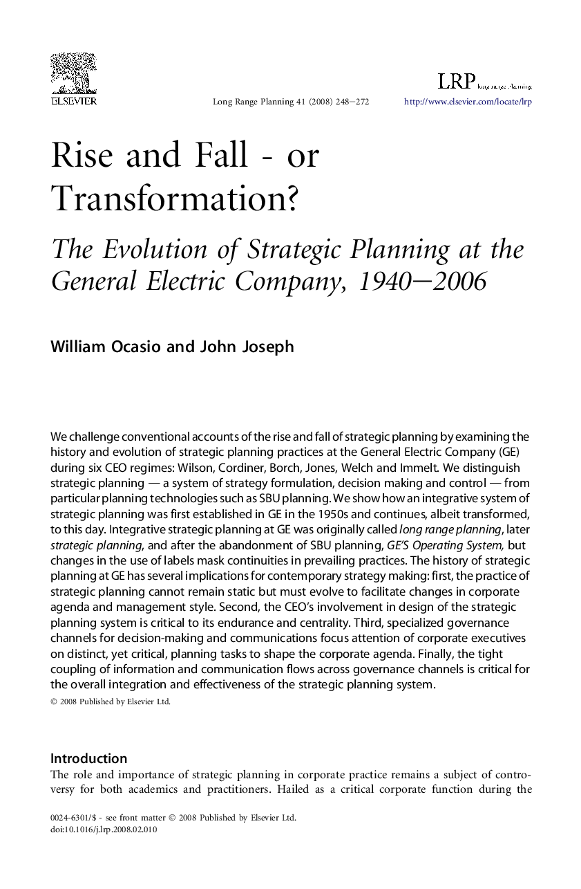 Rise and Fall - or Transformation?: The Evolution of Strategic Planning at the General Electric Company, 1940–2006