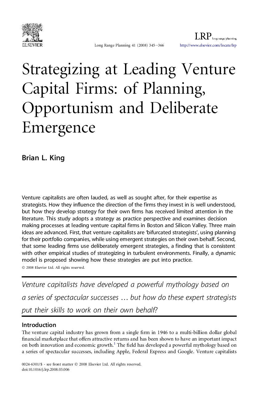 Strategizing at Leading Venture Capital Firms: of Planning, Opportunism and Deliberate Emergence