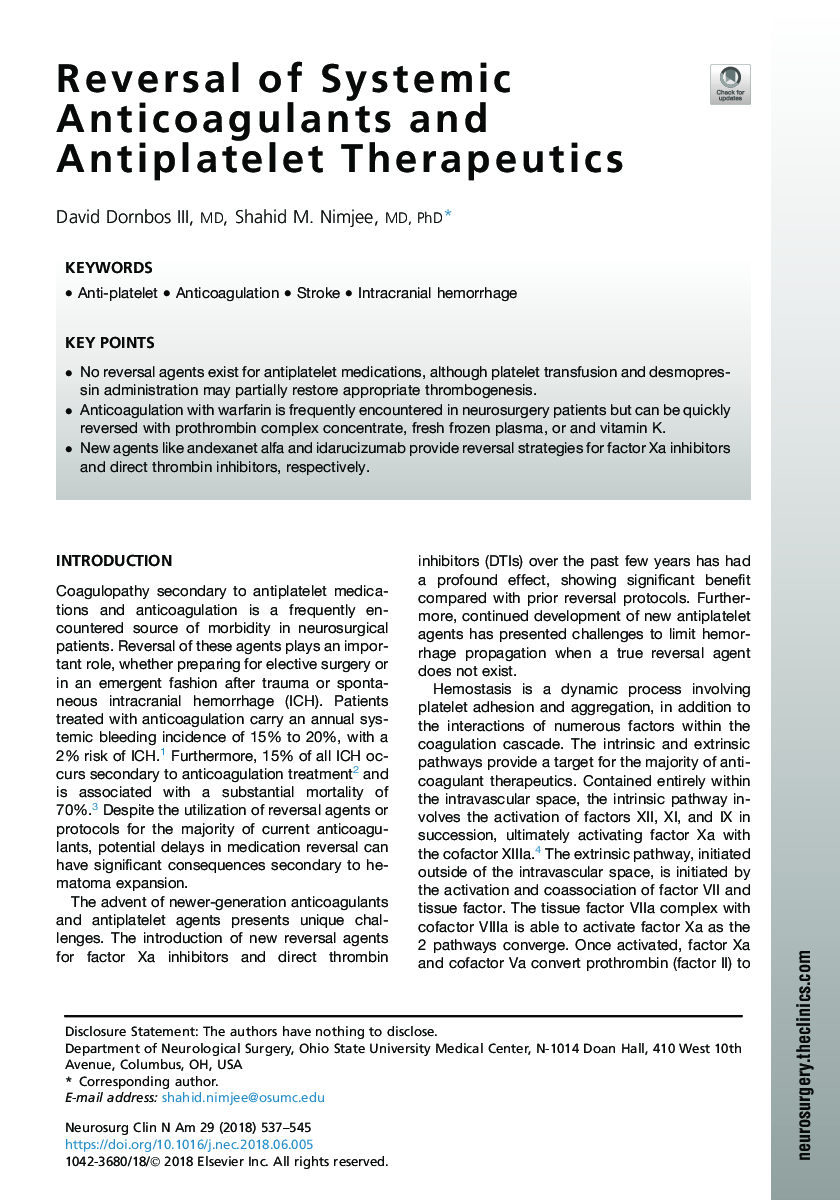 Reversal of Systemic Anticoagulants and Antiplatelet Therapeutics