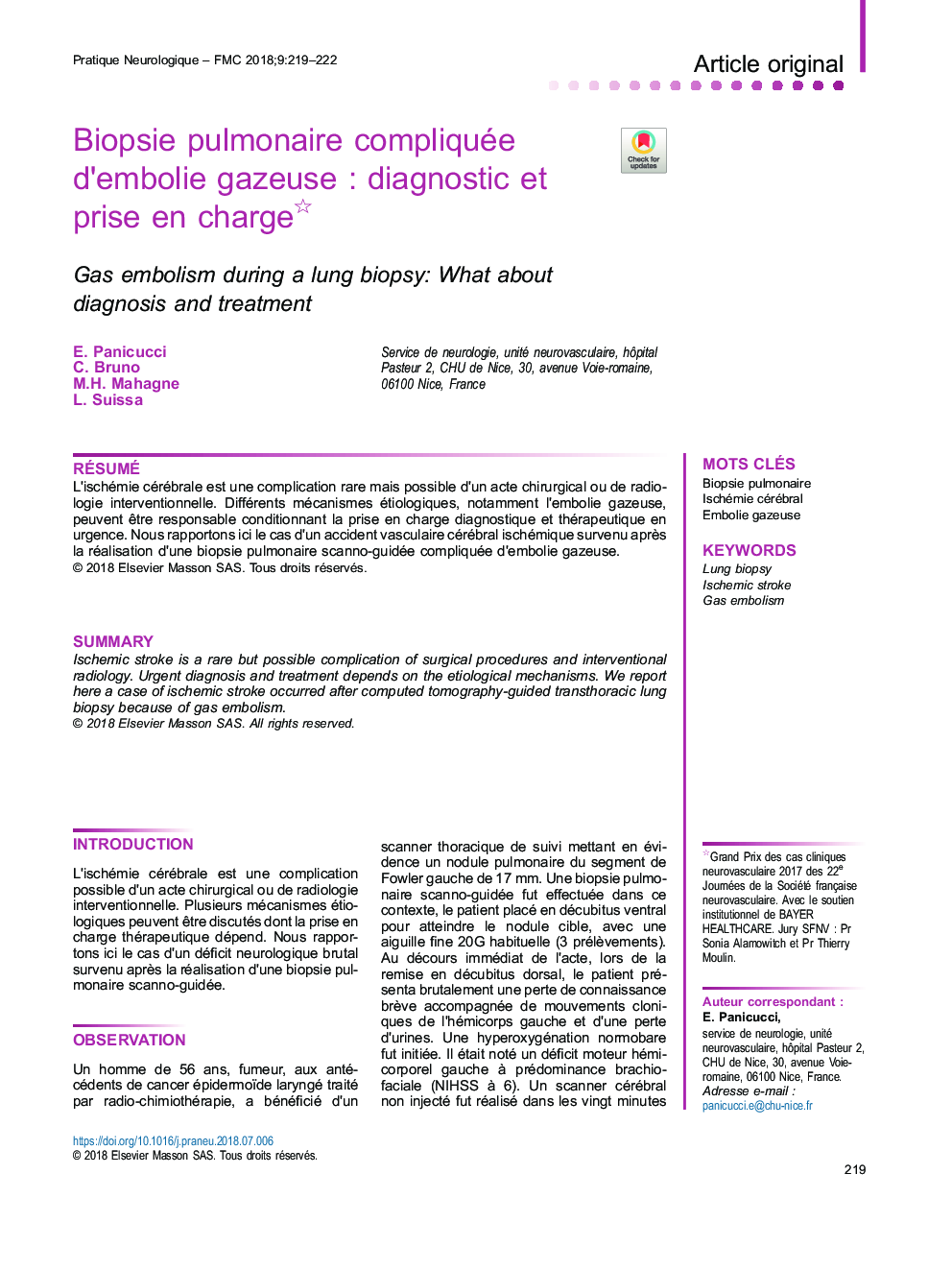 Biopsie pulmonaire compliquée d'embolie gazeuseÂ : diagnostic et prise en charge